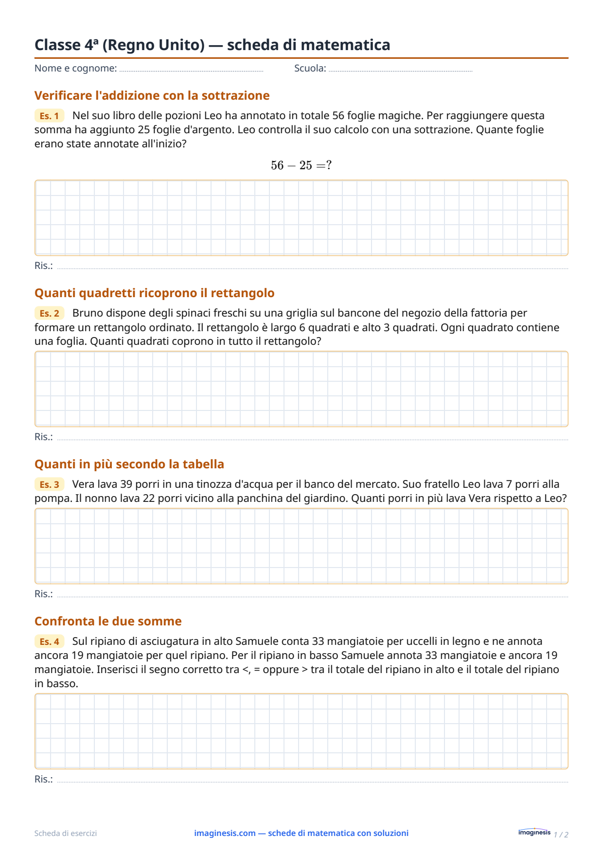 Classe 4ª (Regno Unito) — scheda di matematica — Scheda dello studente: scheda di matematica da stampare (Classe 4ª, Regno Unito)