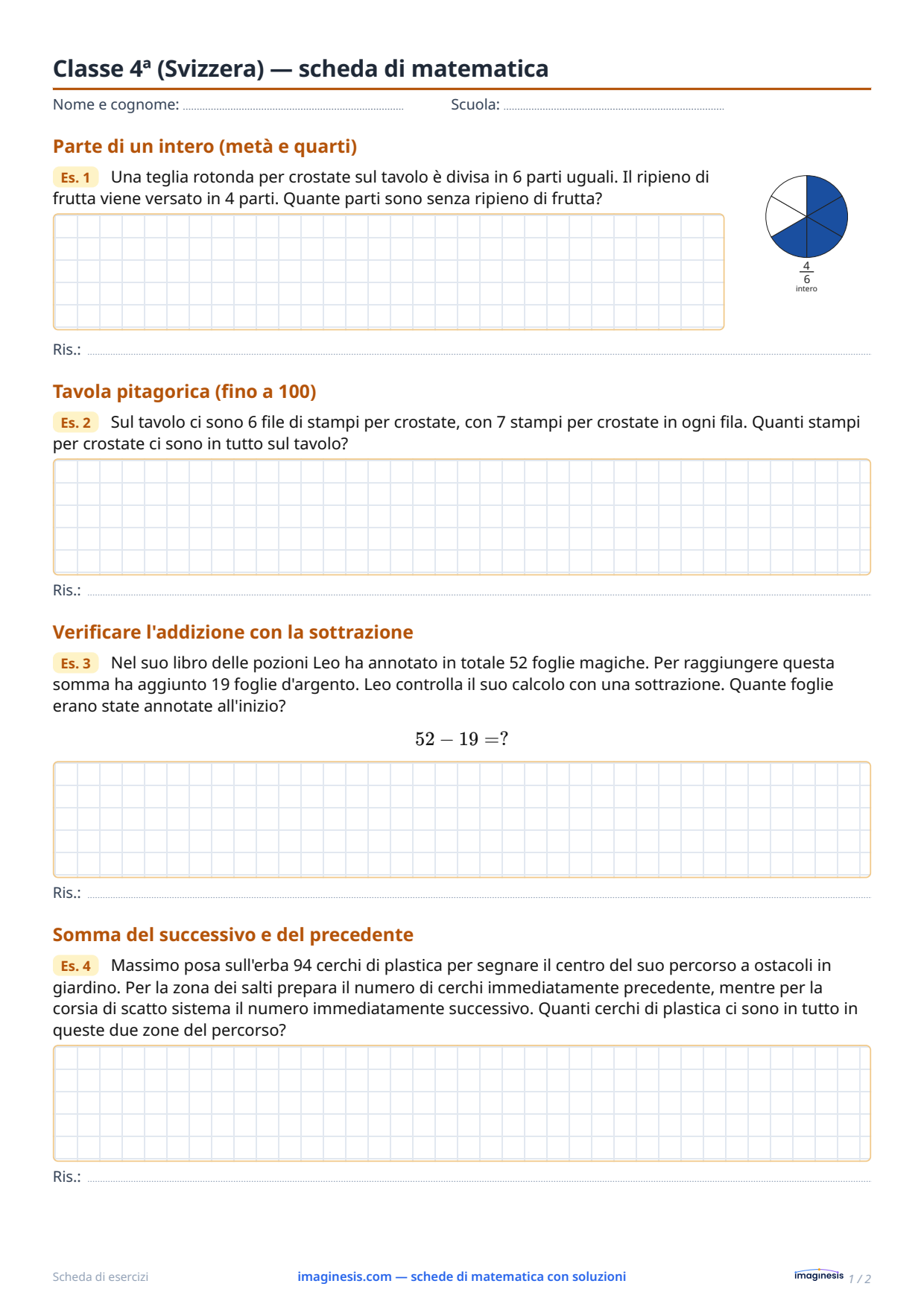 Classe 4ª (Svizzera) — scheda di matematica — Scheda dello studente: scheda di matematica da stampare (Classe 4ª, Svizzera)