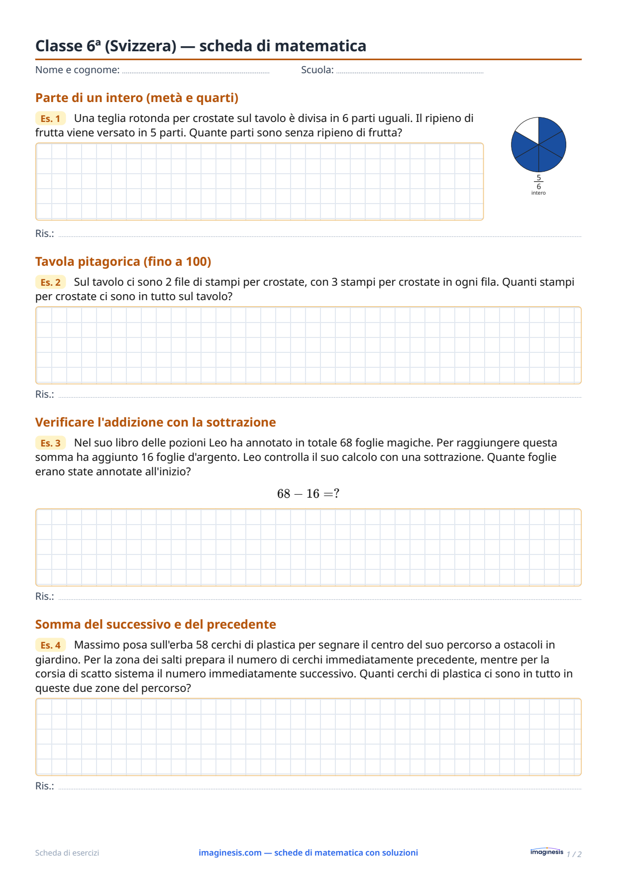 Classe 6ª (Svizzera) — scheda di matematica — Scheda dello studente: scheda di matematica da stampare (Classe 6ª, Svizzera)