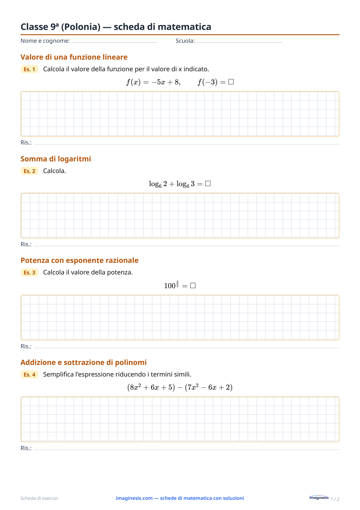 Classe 1ª del liceo (Polonia) — scheda di matematica — Scheda dello studente: scheda di matematica da stampare (Classe 1ª del liceo, Polonia)
