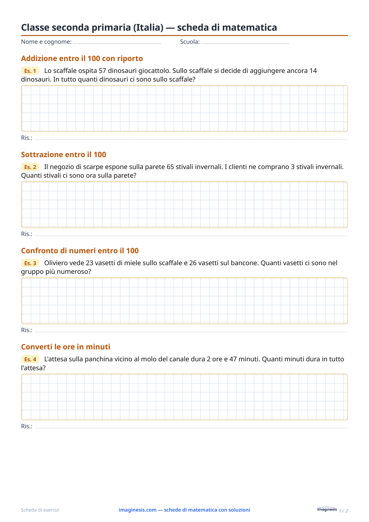 Classe seconda primaria (Italia) — scheda di matematica — Scheda dello studente: scheda di matematica da stampare (Classe seconda primaria, Italia)