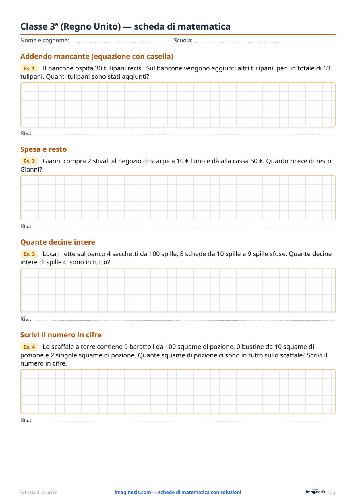 Classe 3ª (Regno Unito) — scheda di matematica — Scheda dello studente: scheda di matematica da stampare (Classe 3ª, Regno Unito)