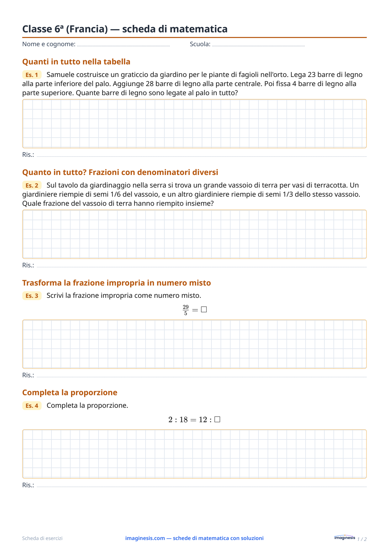 Classe 6ª (Francia) — scheda di matematica — Scheda dello studente: scheda di matematica da stampare (Classe 6ª, Francia)