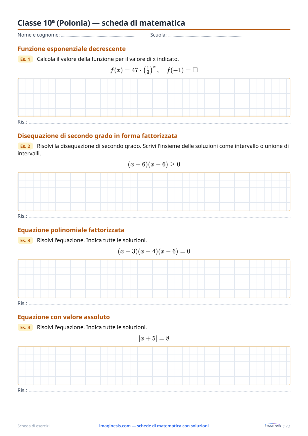 Classe 2ª del liceo (Polonia) — scheda di matematica — Scheda dello studente: scheda di matematica da stampare (Classe 2ª del liceo, Polonia)