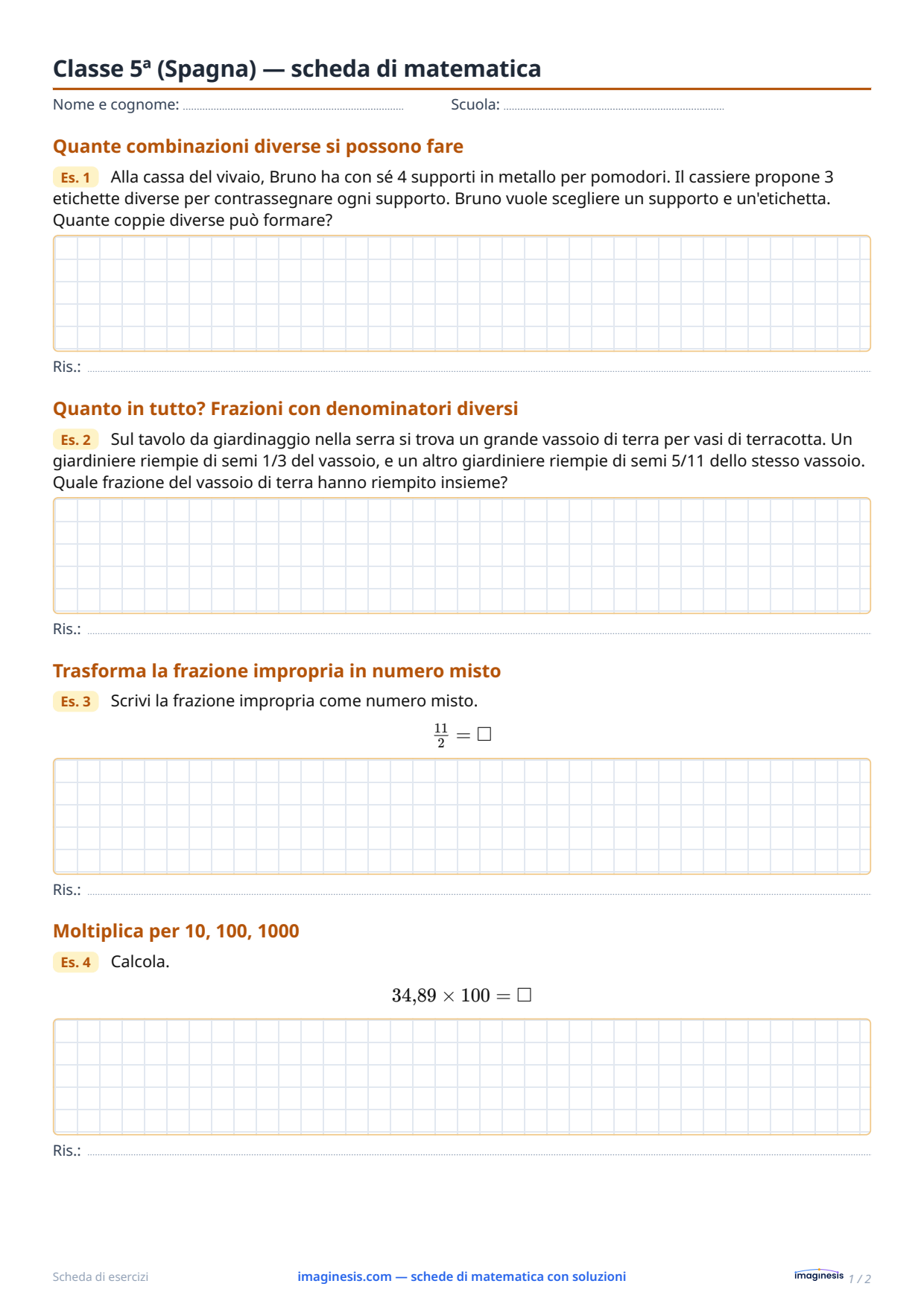 Classe 5ª (Spagna) — scheda di matematica — Scheda dello studente: scheda di matematica da stampare (Classe 5ª, Spagna)