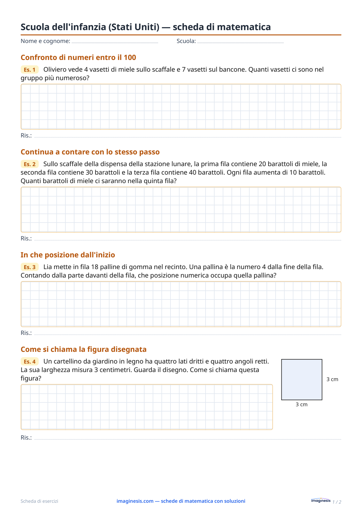Scuola dell'infanzia (Stati Uniti) — scheda di matematica — Scheda dello studente: scheda di matematica da stampare (Scuola dell'infanzia, Stati Uniti)