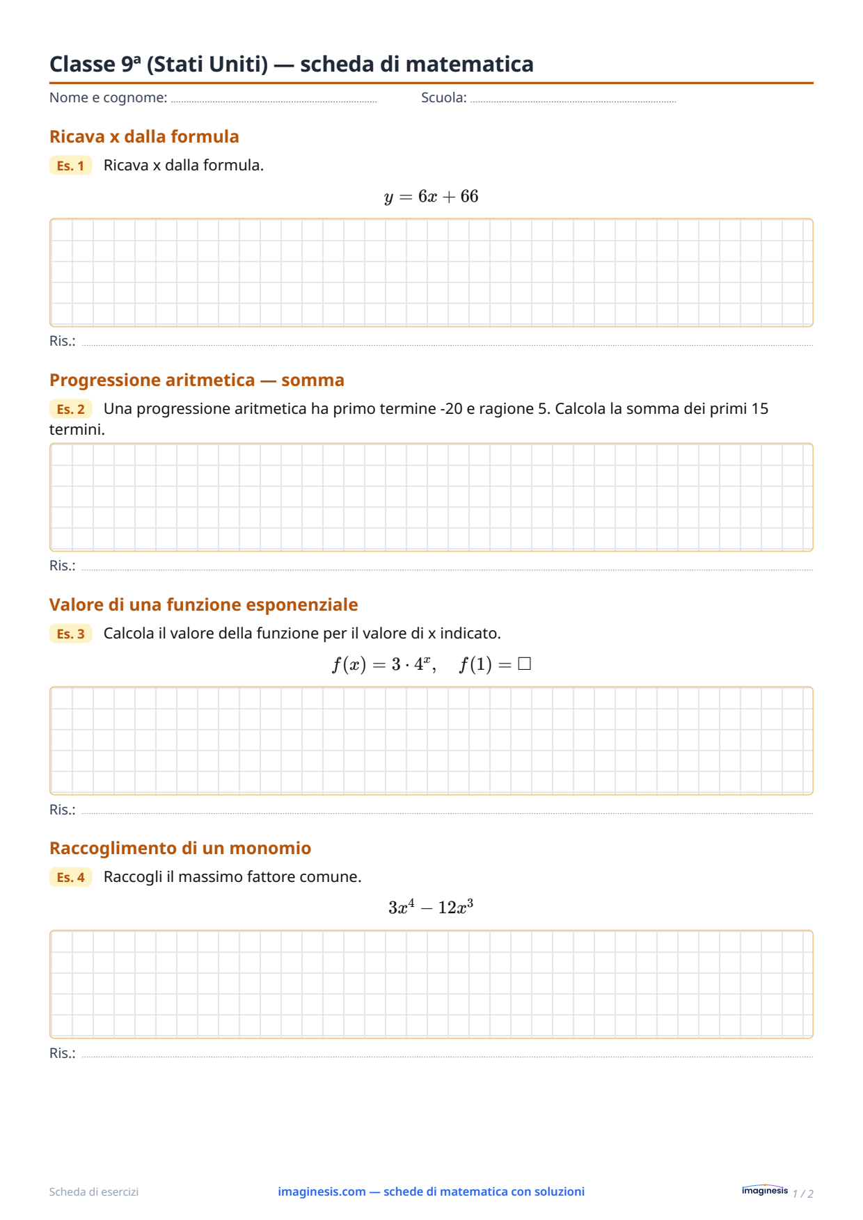 Classe 9ª (Stati Uniti) — scheda di matematica — Scheda dello studente: scheda di matematica da stampare (Classe 9ª, Stati Uniti)