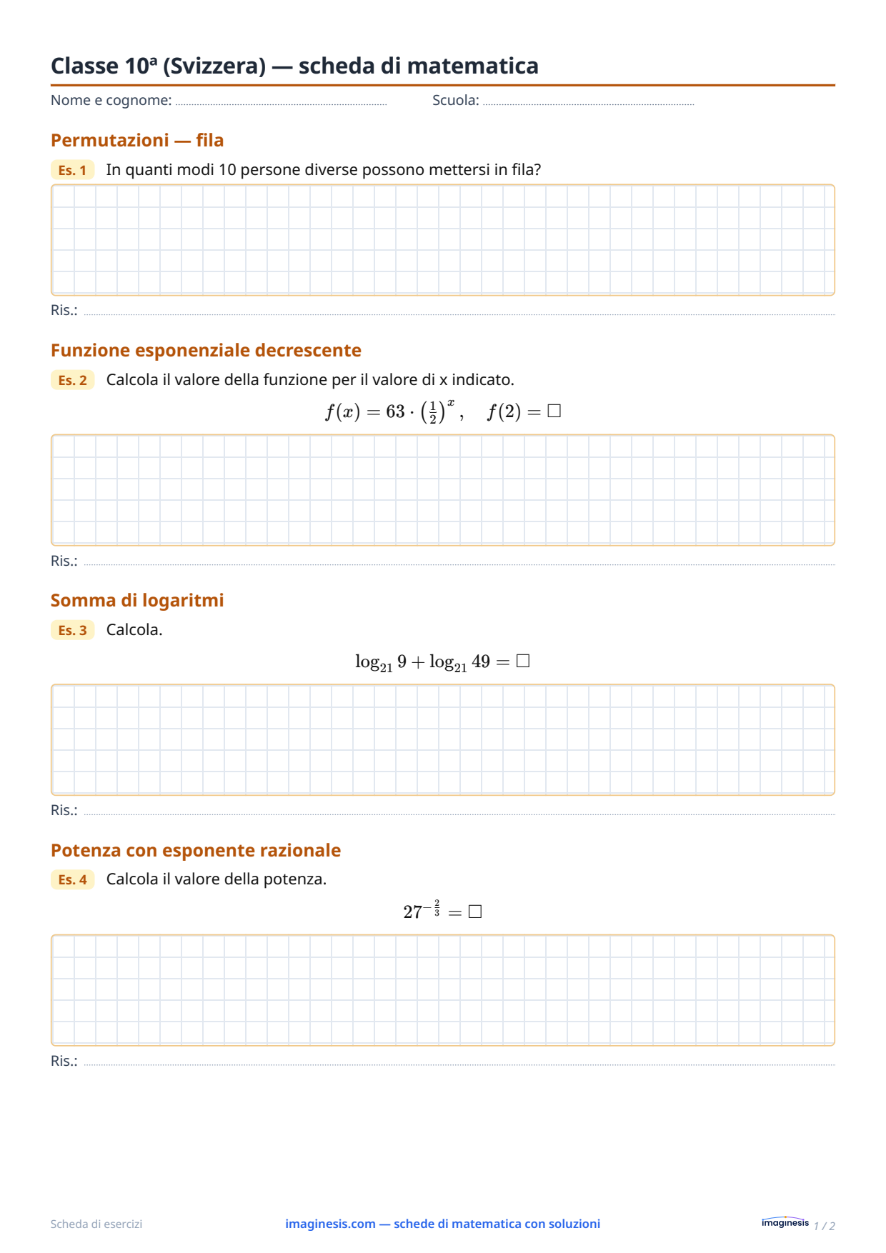 Classe 10ª (Svizzera) — scheda di matematica — Scheda dello studente: scheda di matematica da stampare (Classe 10ª, Svizzera)