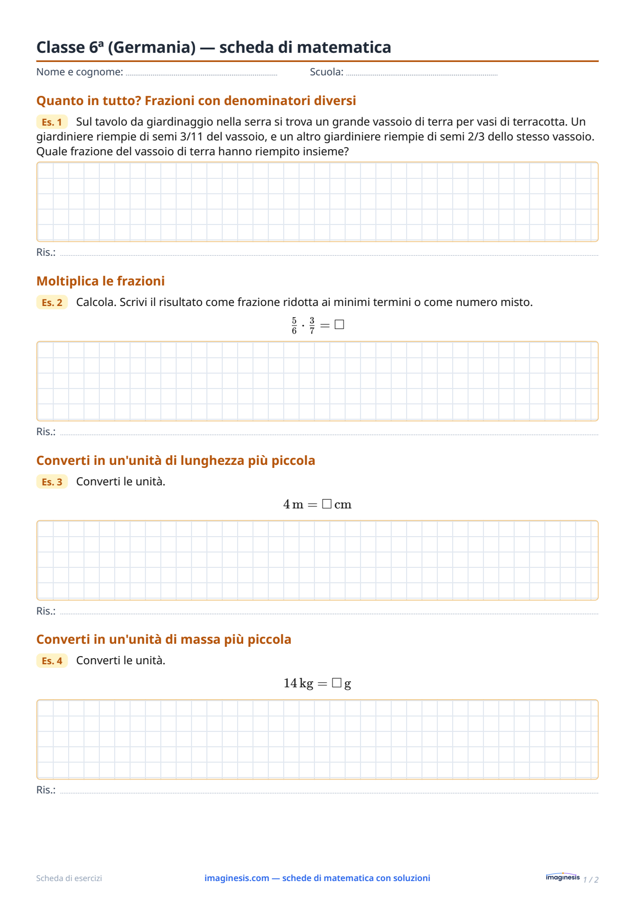 Classe 6ª (Germania) — scheda di matematica — Scheda dello studente: scheda di matematica da stampare (Classe 6ª, Germania)