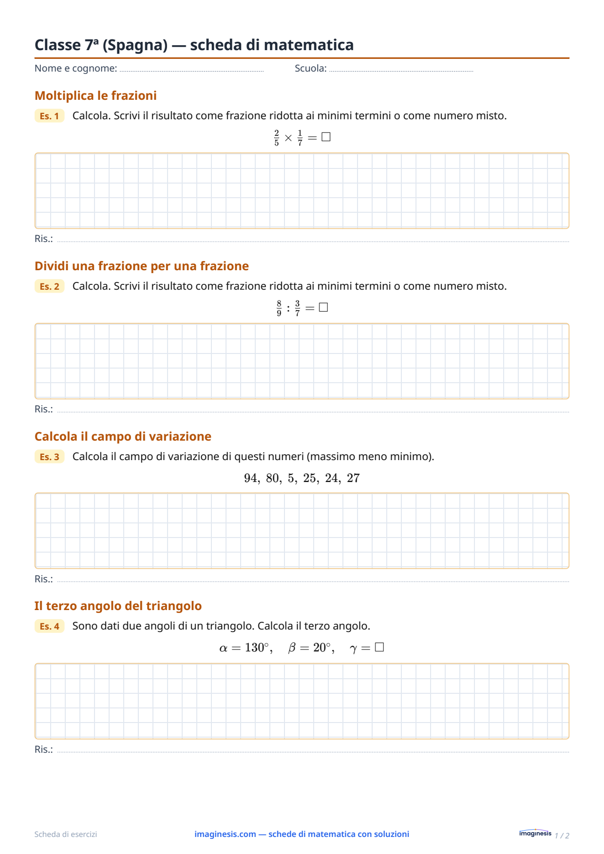 Classe 7ª (Spagna) — scheda di matematica — Scheda dello studente: scheda di matematica da stampare (Classe 7ª, Spagna)