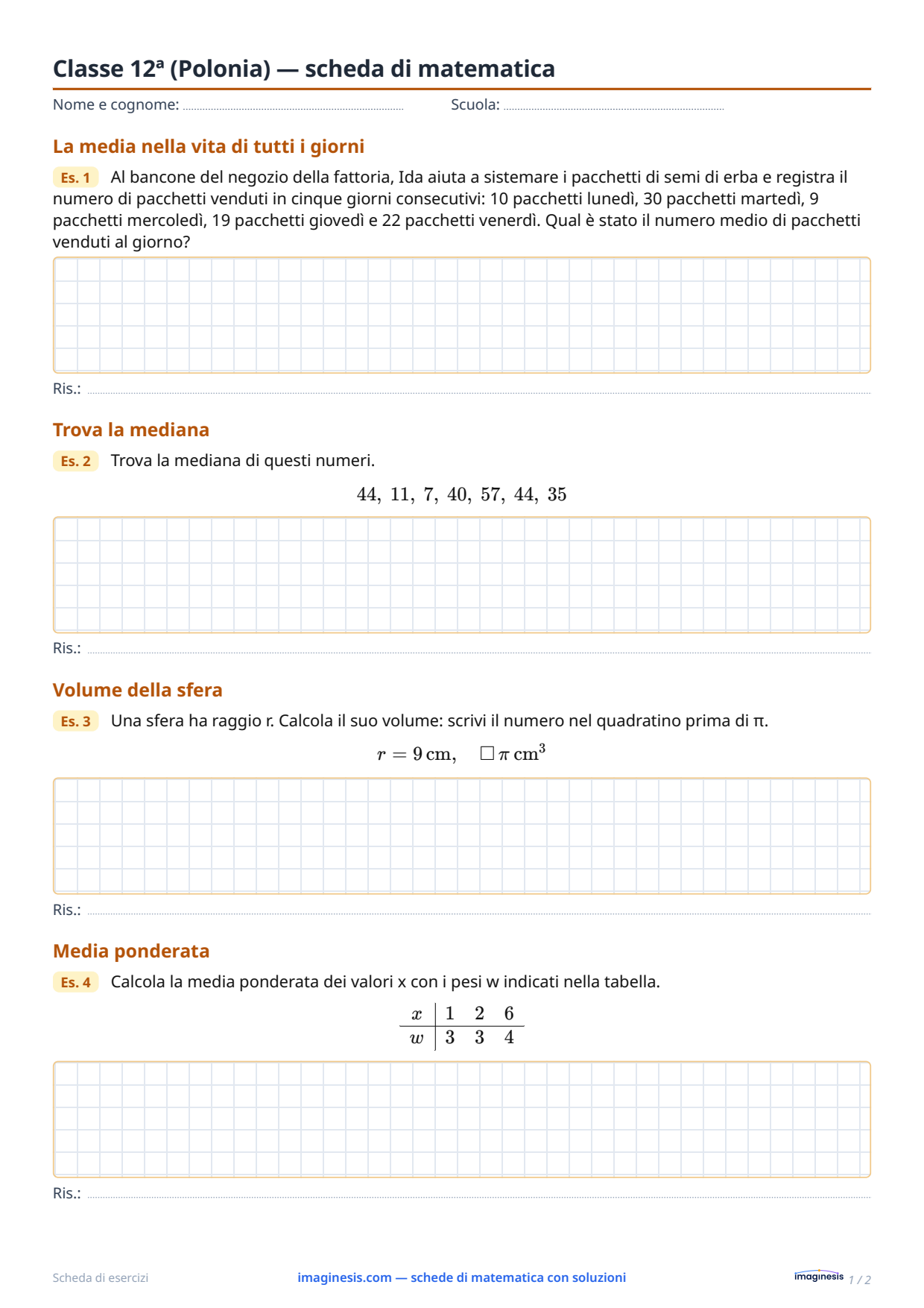 Classe 4ª del liceo (Polonia) — scheda di matematica — Scheda dello studente: scheda di matematica da stampare (Classe 4ª del liceo, Polonia)