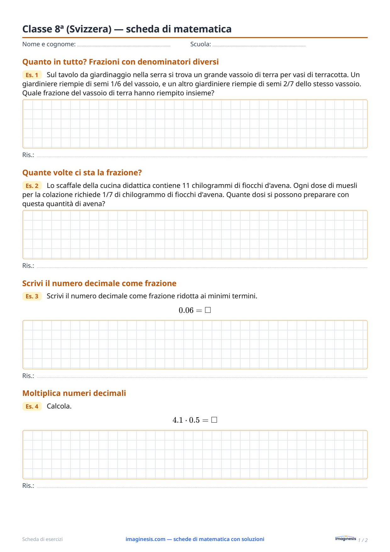 Classe 8ª (Svizzera) — scheda di matematica — Scheda dello studente: scheda di matematica da stampare (Classe 8ª, Svizzera)