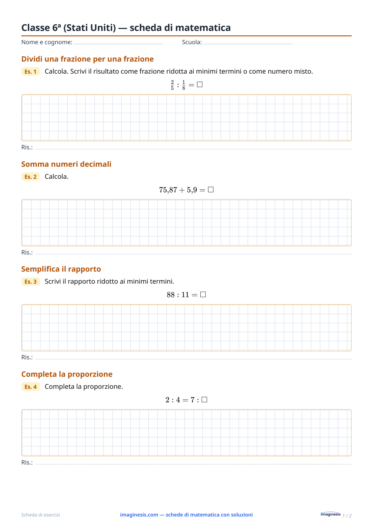 Classe 6ª (Stati Uniti) — scheda di matematica — Scheda dello studente: scheda di matematica da stampare (Classe 6ª, Stati Uniti)