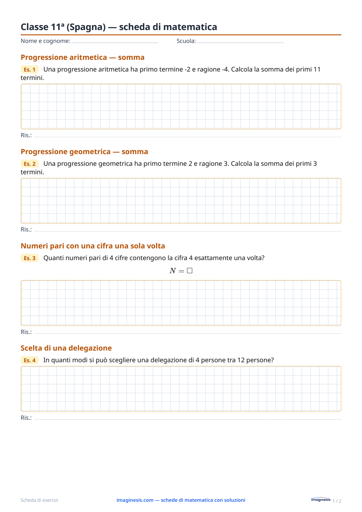 Classe 11ª (Spagna) — scheda di matematica — Scheda dello studente: scheda di matematica da stampare (Classe 11ª, Spagna)