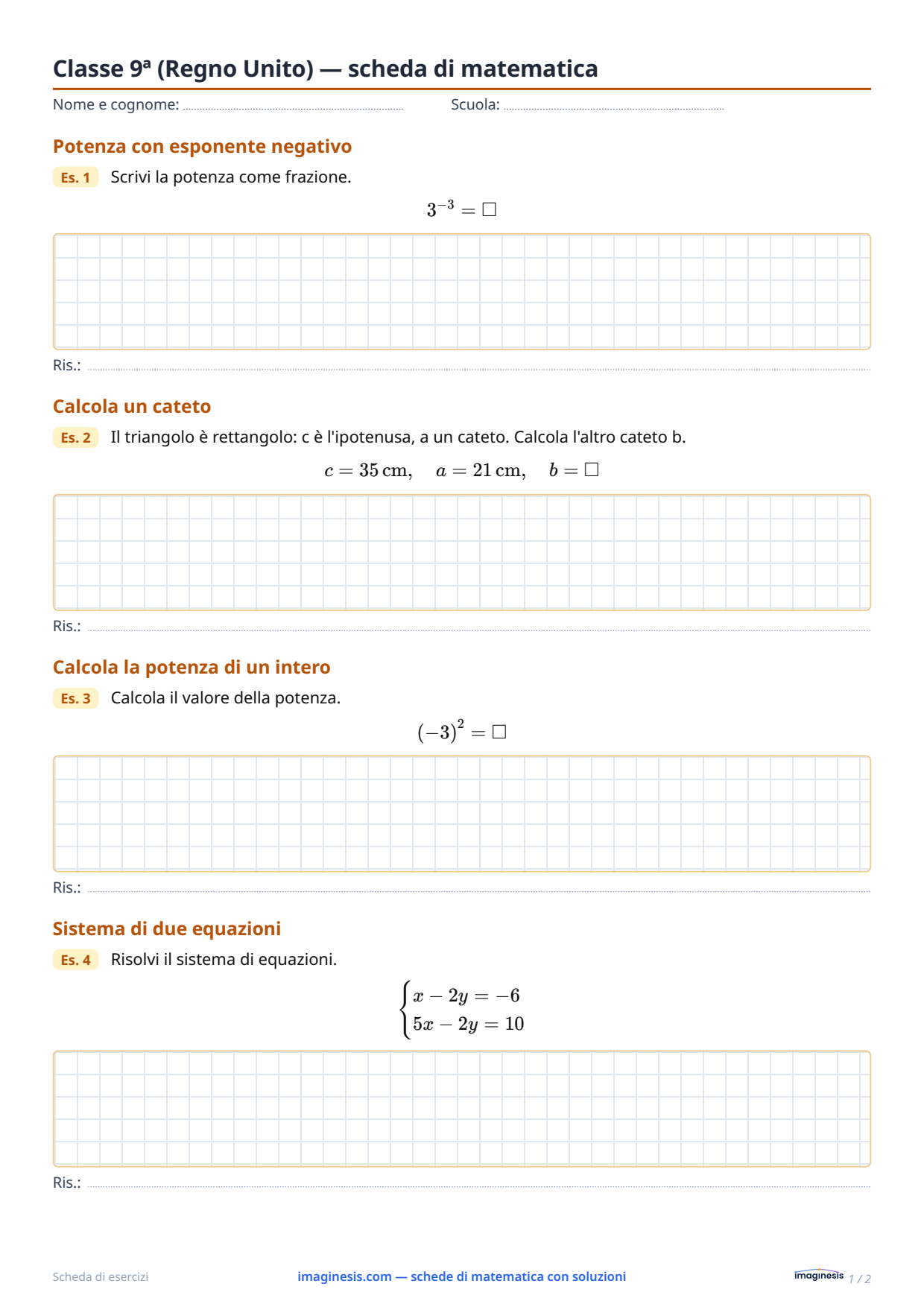Classe 9ª (Regno Unito) — scheda di matematica — Scheda dello studente: scheda di matematica da stampare (Classe 9ª, Regno Unito)