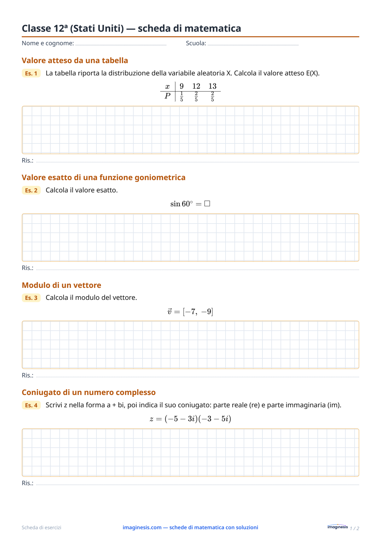 Classe 12ª (Stati Uniti) — scheda di matematica — Scheda dello studente: scheda di matematica da stampare (Classe 12ª, Stati Uniti)