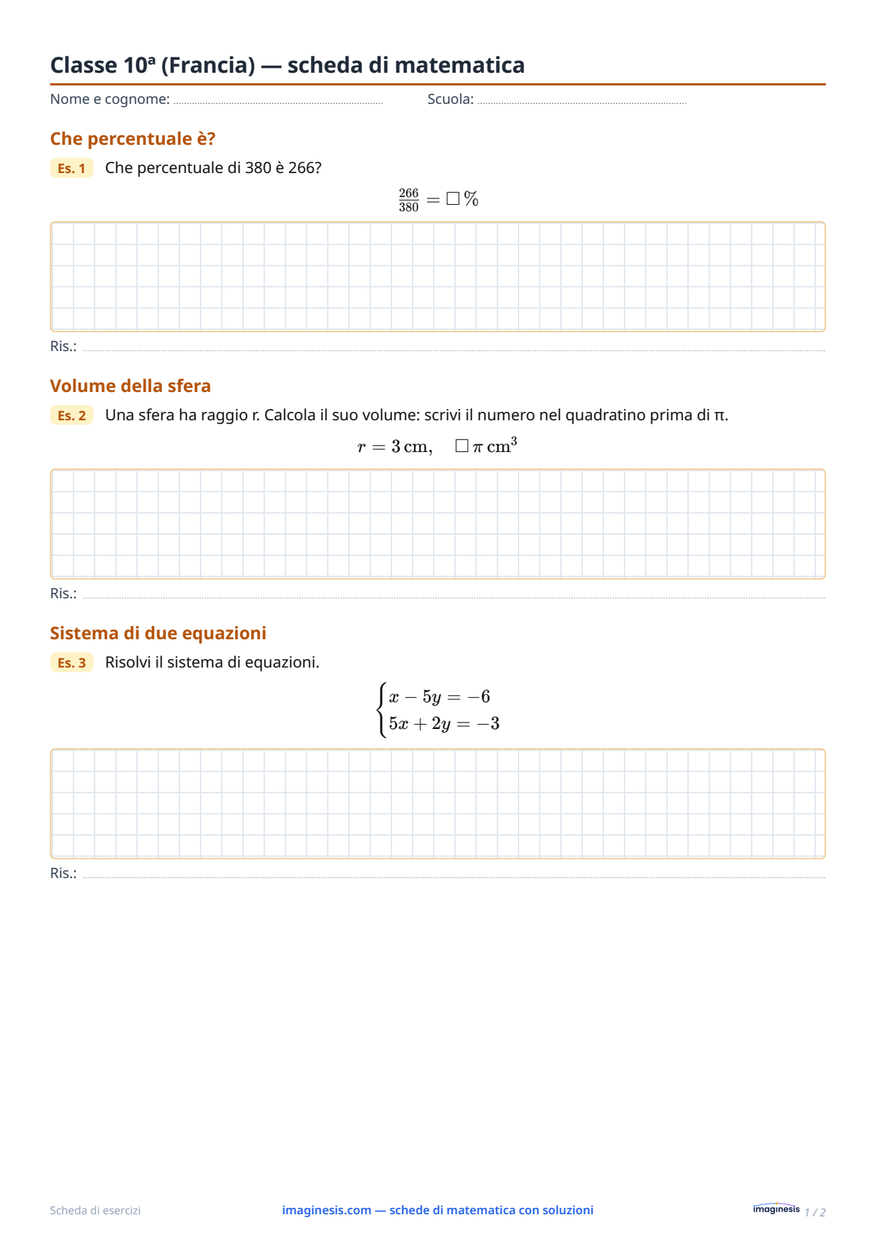 Classe 10ª (Francia) — scheda di matematica — Scheda dello studente: scheda di matematica da stampare (Classe 10ª, Francia)