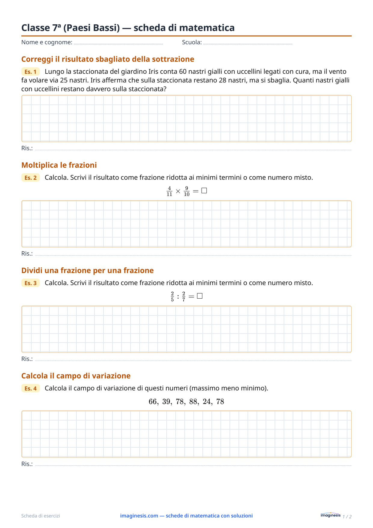 Classe 7ª (Paesi Bassi) — scheda di matematica — Scheda dello studente: scheda di matematica da stampare (Classe 7ª, Paesi Bassi)