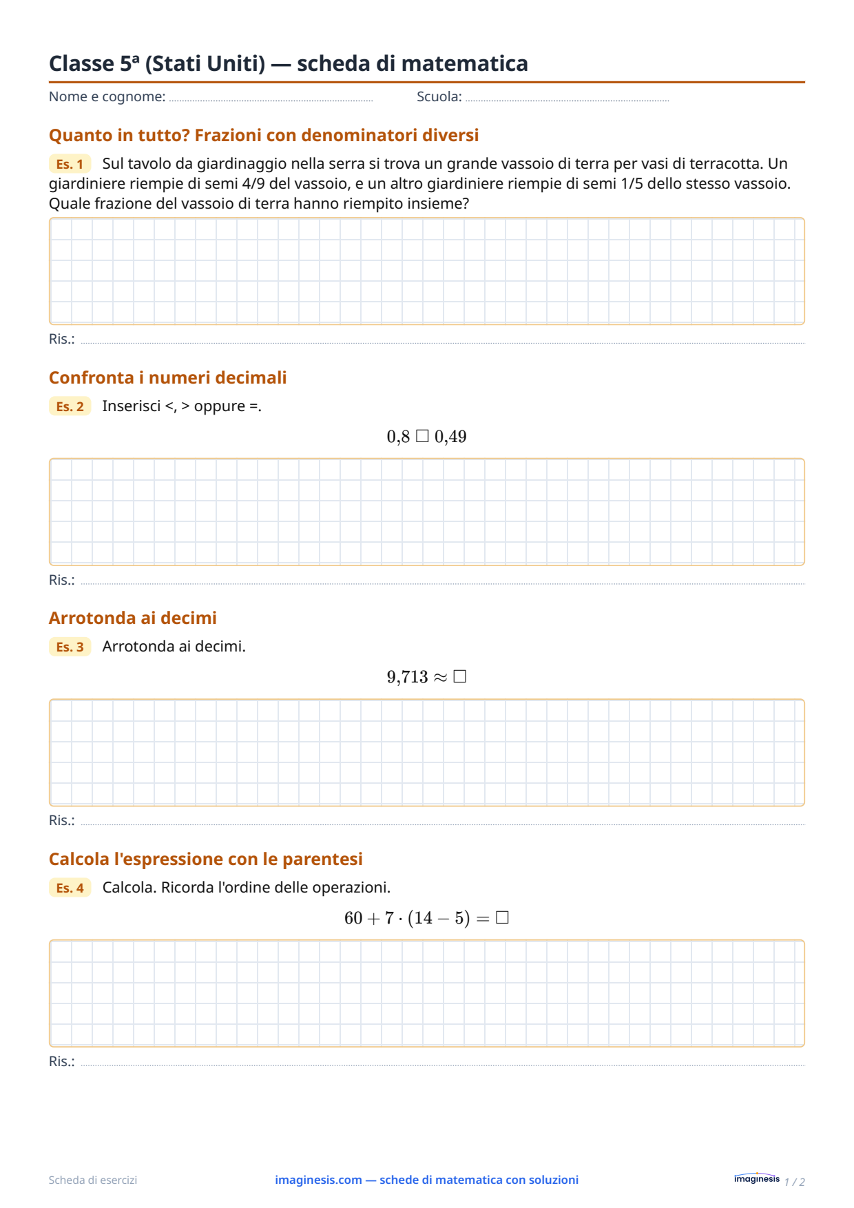 Classe 5ª (Stati Uniti) — scheda di matematica — Scheda dello studente: scheda di matematica da stampare (Classe 5ª, Stati Uniti)