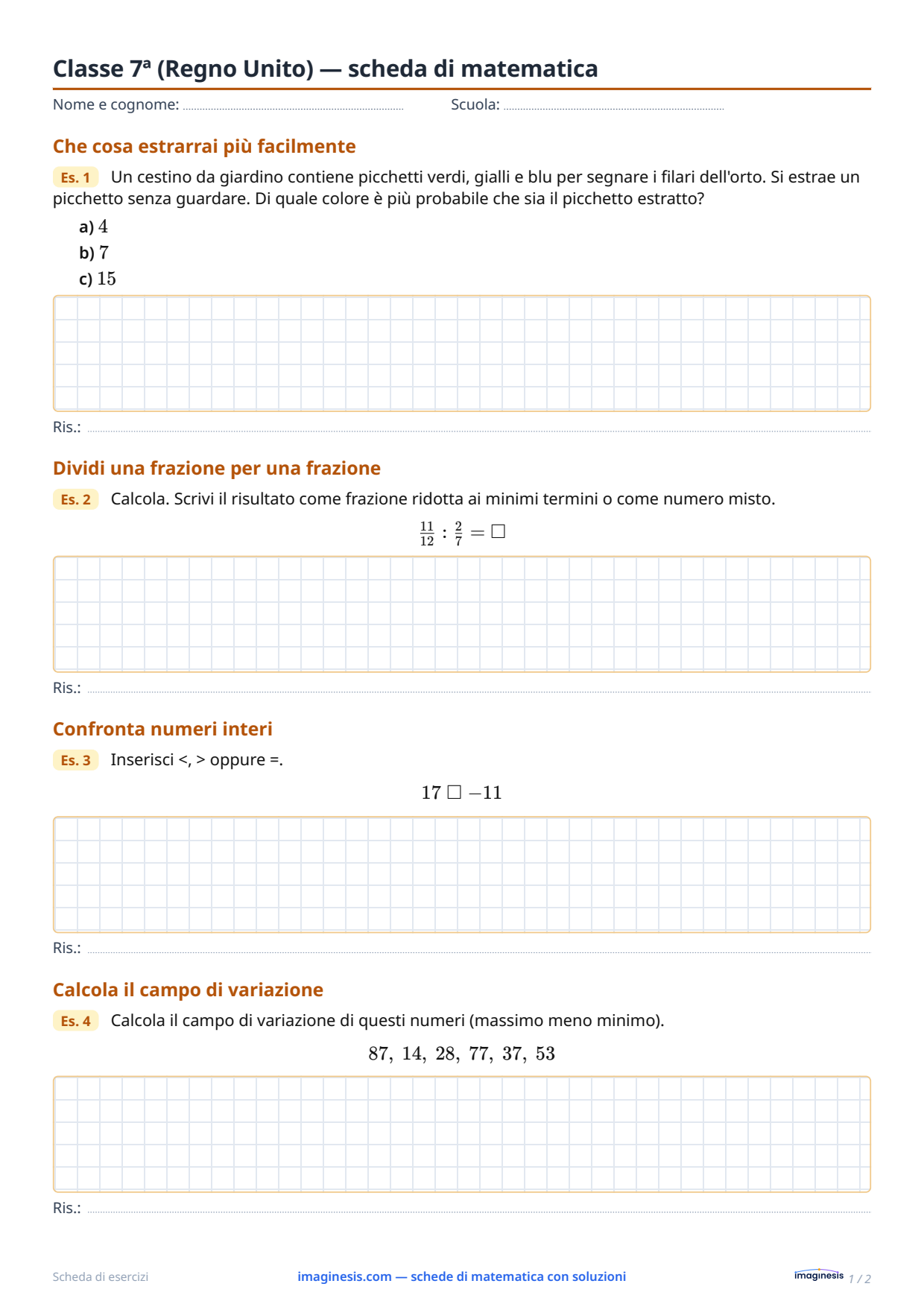 Classe 7ª (Regno Unito) — scheda di matematica — Scheda dello studente: scheda di matematica da stampare (Classe 7ª, Regno Unito)
