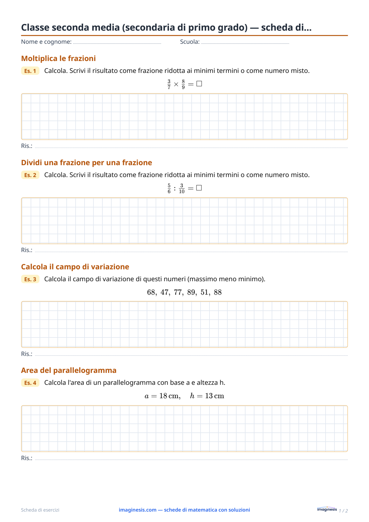 Classe seconda media (secondaria di primo grado) — scheda di… — Scheda dello studente: scheda di matematica da stampare (Classe seconda media (secondaria di primo grado), Italia)