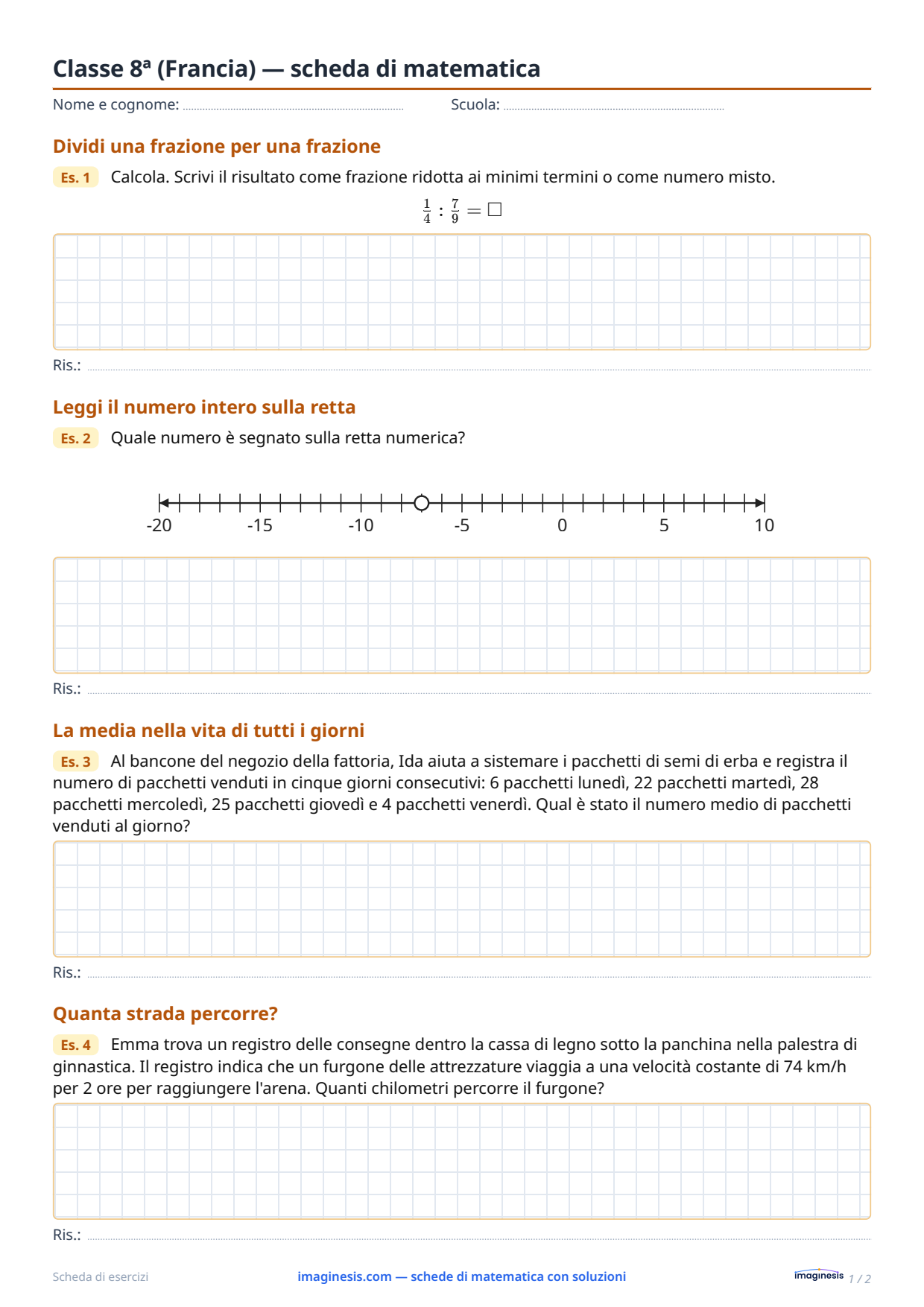 Classe 8ª (Francia) — scheda di matematica — Scheda dello studente: scheda di matematica da stampare (Classe 8ª, Francia)