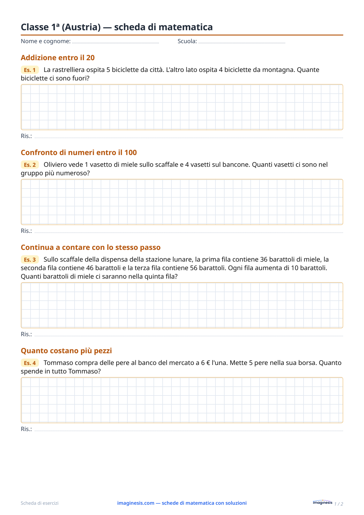 Classe 1ª (Austria) — scheda di matematica — Scheda dello studente: scheda di matematica da stampare (Classe 1ª, Austria)