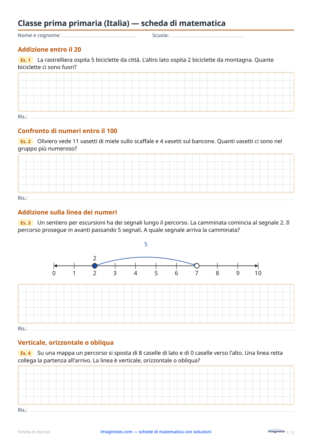 Classe prima primaria (Italia) — scheda di matematica — Scheda dello studente: scheda di matematica da stampare (Classe prima primaria, Italia)