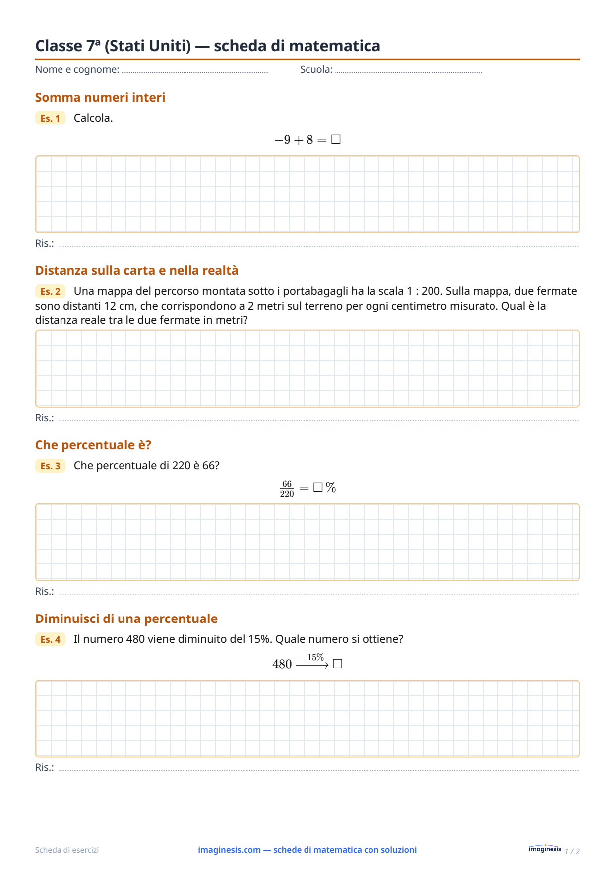 Classe 7ª (Stati Uniti) — scheda di matematica — Scheda dello studente: scheda di matematica da stampare (Classe 7ª, Stati Uniti)