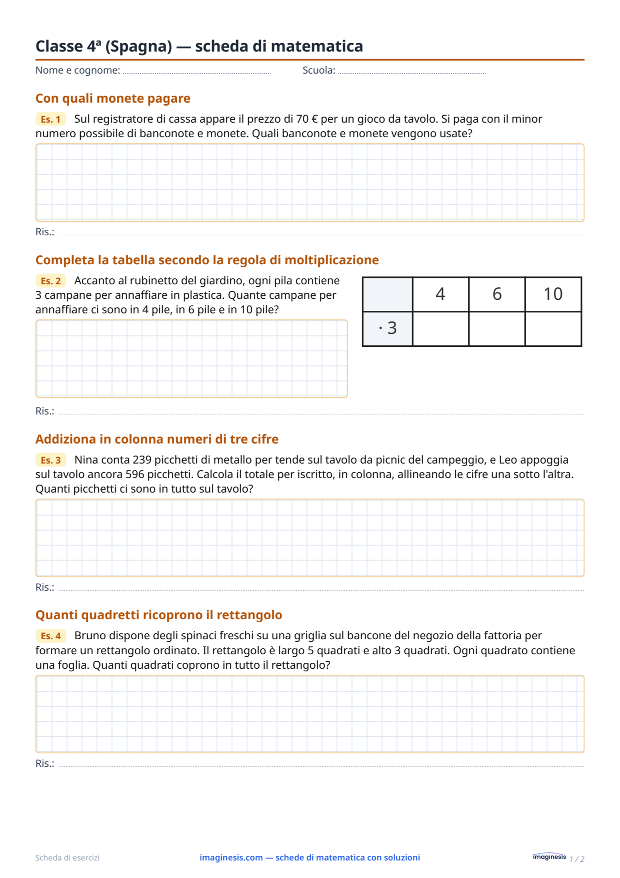 Classe 4ª (Spagna) — scheda di matematica — Scheda dello studente: scheda di matematica da stampare (Classe 4ª, Spagna)