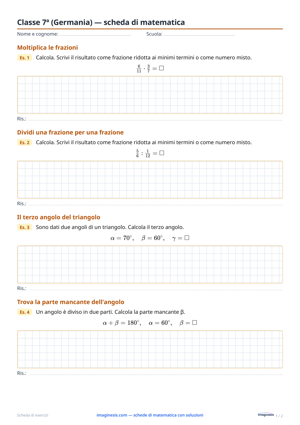 Classe 7ª (Germania) — scheda di matematica — Scheda dello studente: scheda di matematica da stampare (Classe 7ª, Germania)