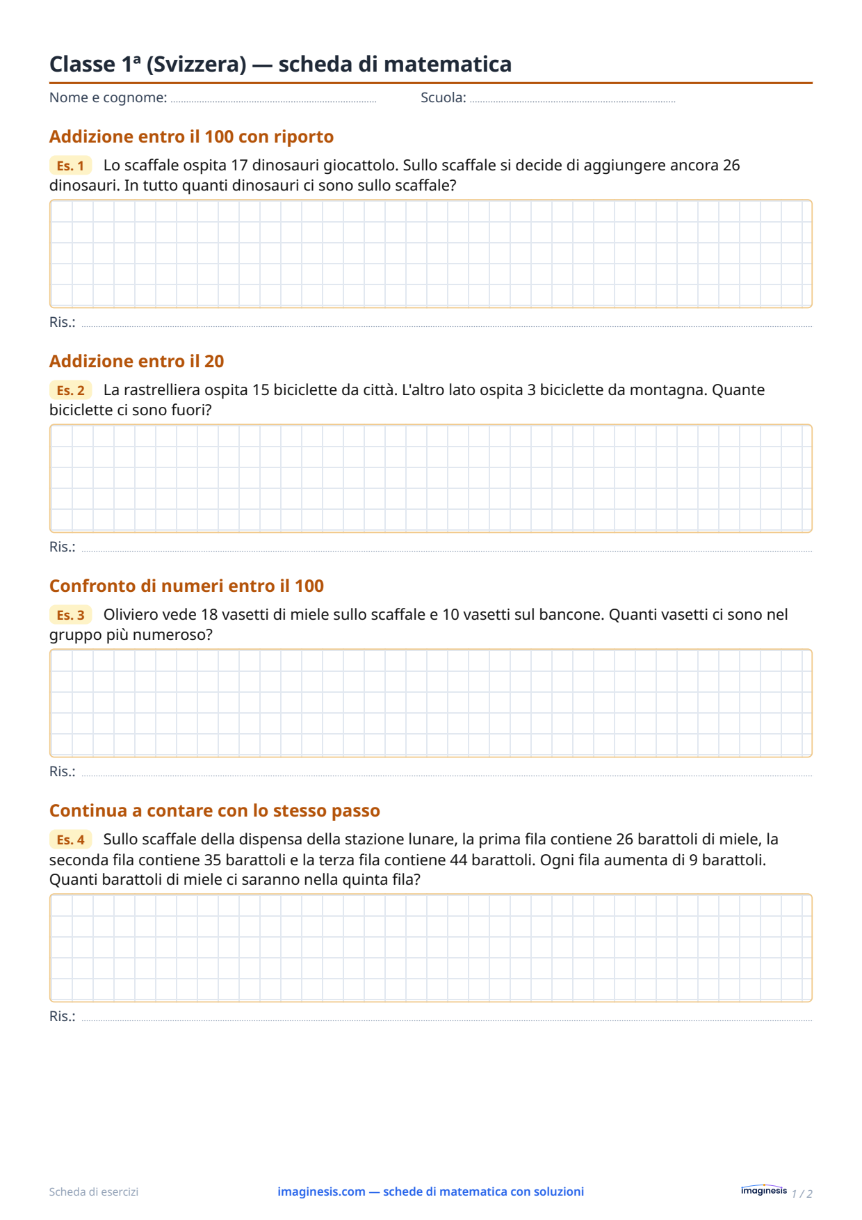 Classe 1ª (Svizzera) — scheda di matematica — Scheda dello studente: scheda di matematica da stampare (Classe 1ª, Svizzera)