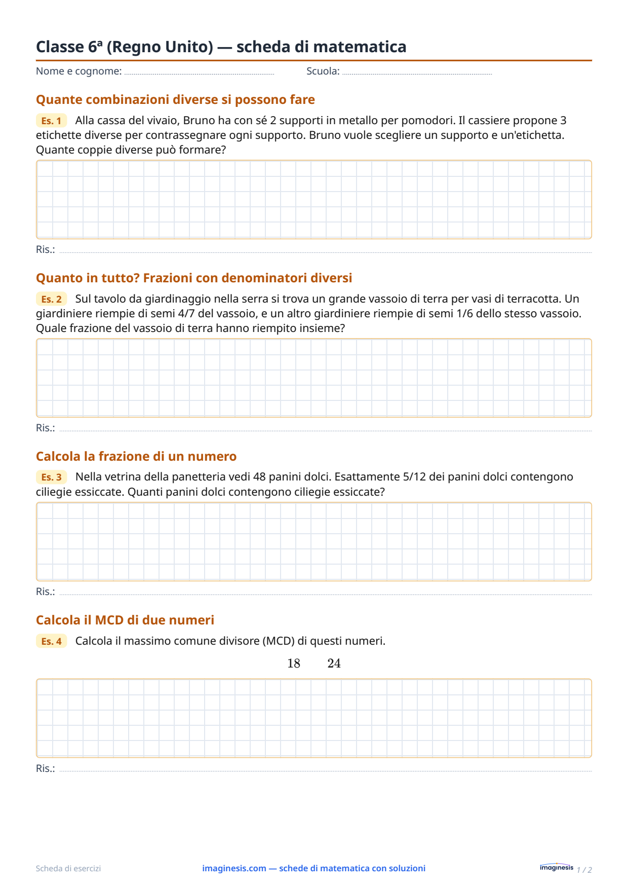 Classe 6ª (Regno Unito) — scheda di matematica — Scheda dello studente: scheda di matematica da stampare (Classe 6ª, Regno Unito)