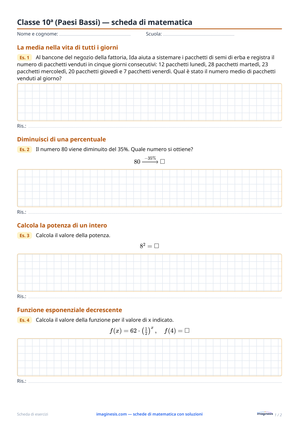 Classe 10ª (Paesi Bassi) — scheda di matematica — Scheda dello studente: scheda di matematica da stampare (Classe 10ª, Paesi Bassi)