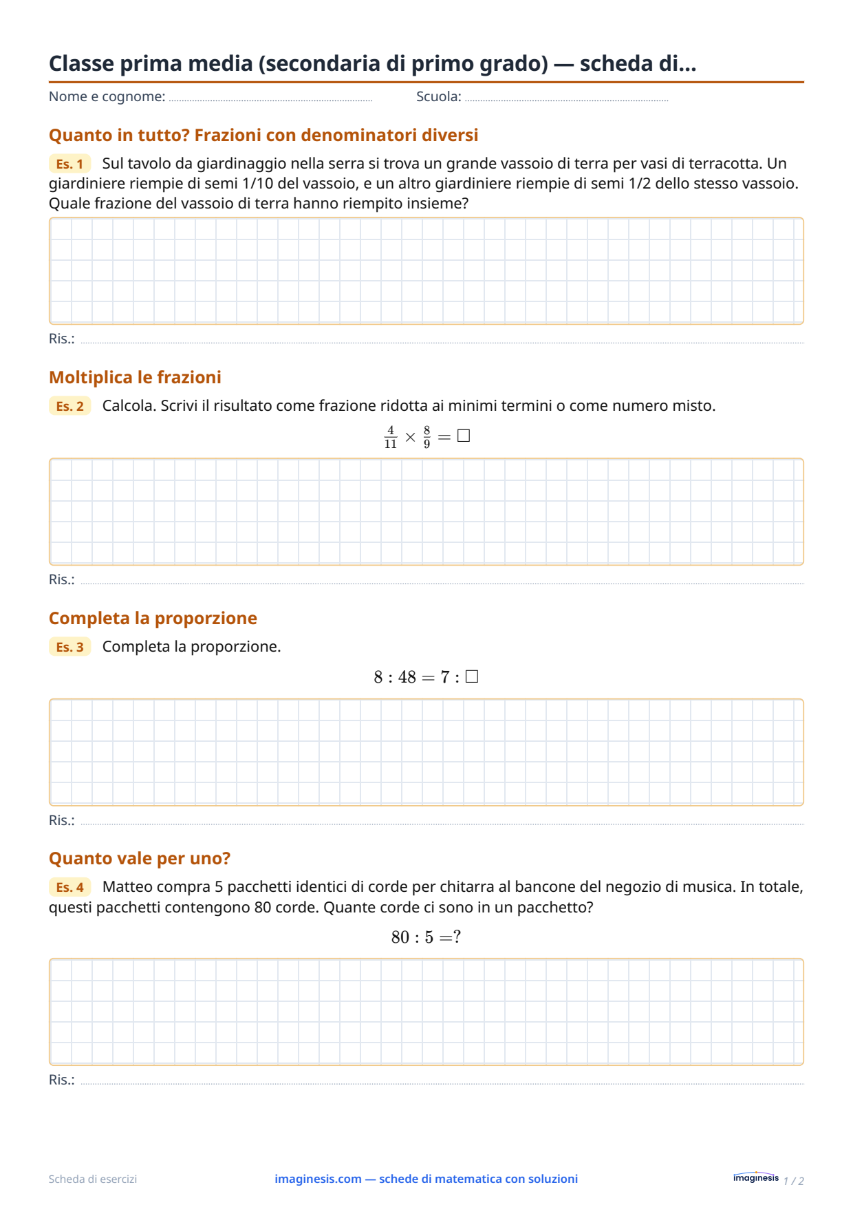 Classe prima media (secondaria di primo grado) — scheda di… — Scheda dello studente: scheda di matematica da stampare (Classe prima media (secondaria di primo grado), Italia)