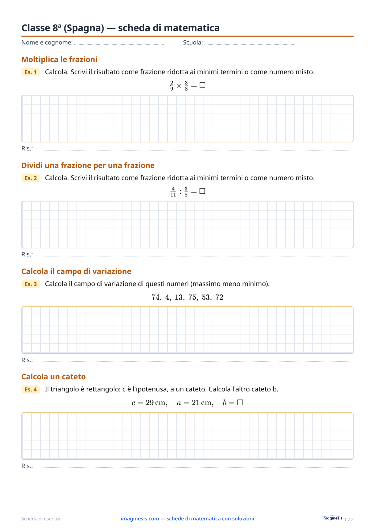 Classe 8ª (Spagna) — scheda di matematica — Scheda dello studente: scheda di matematica da stampare (Classe 8ª, Spagna)