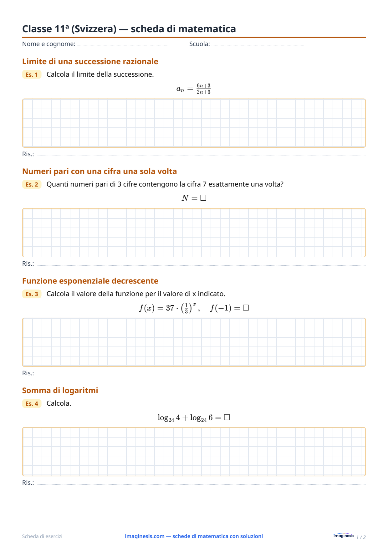 Classe 11ª (Svizzera) — scheda di matematica — Scheda dello studente: scheda di matematica da stampare (Classe 11ª, Svizzera)