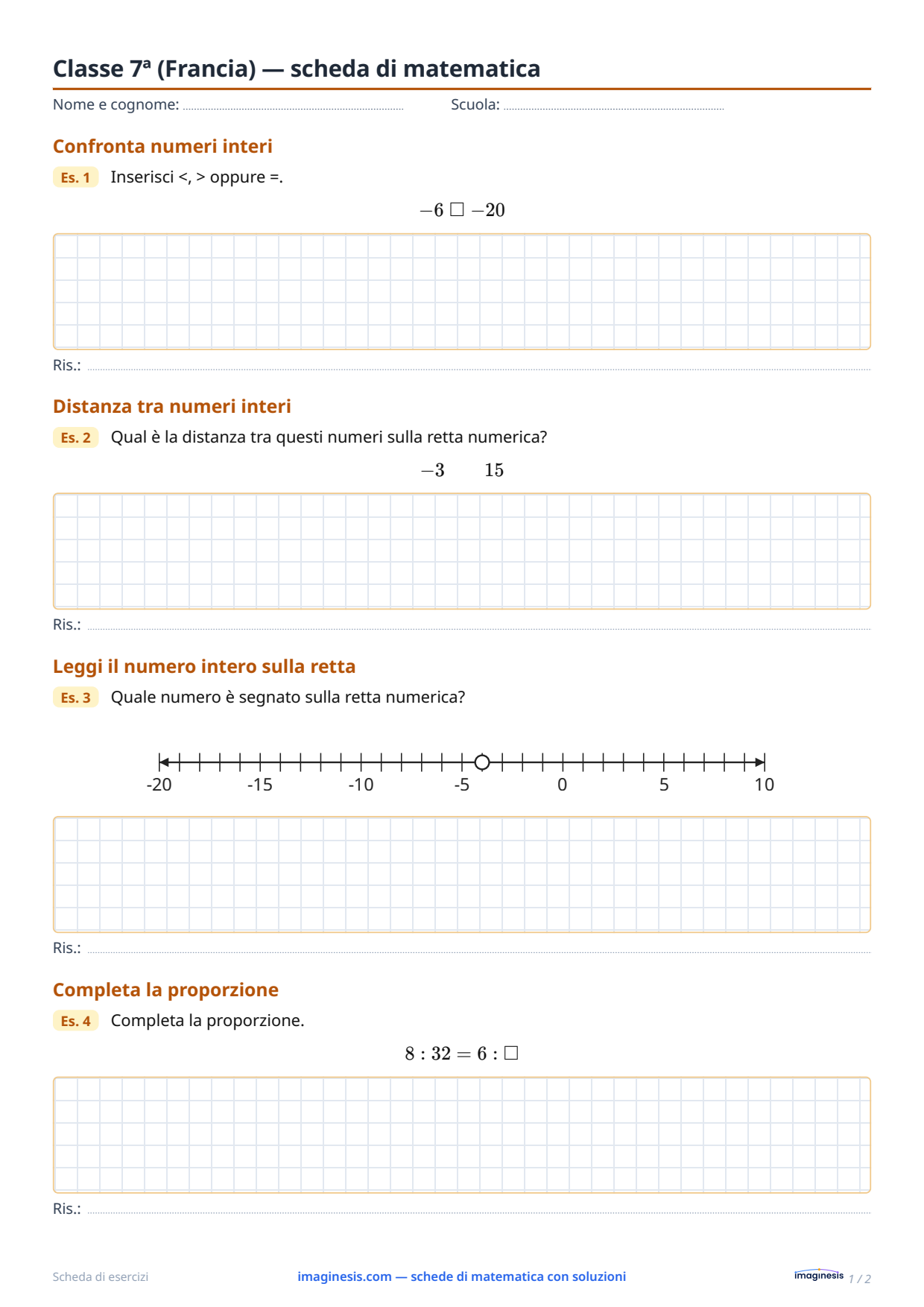 Classe 7ª (Francia) — scheda di matematica — Scheda dello studente: scheda di matematica da stampare (Classe 7ª, Francia)