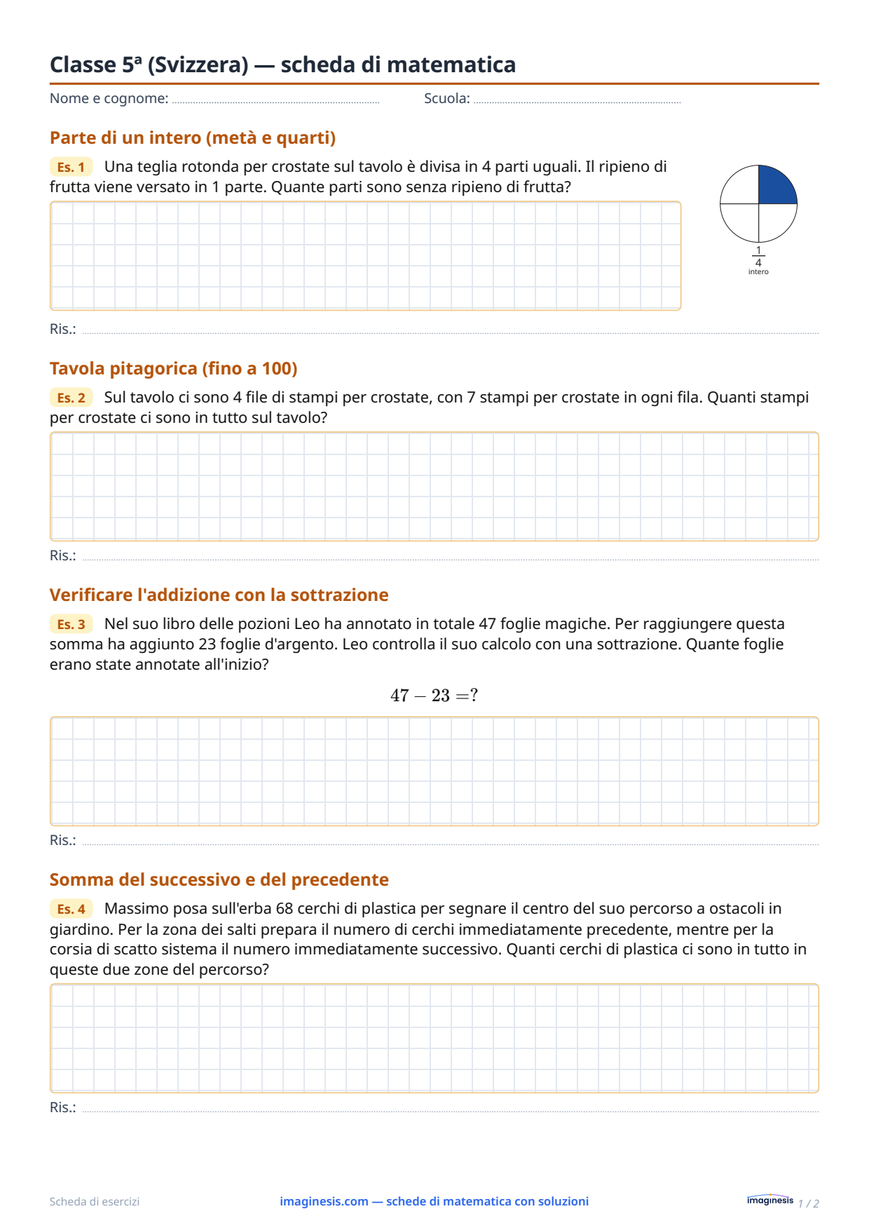 Classe 5ª (Svizzera) — scheda di matematica — Scheda dello studente: scheda di matematica da stampare (Classe 5ª, Svizzera)