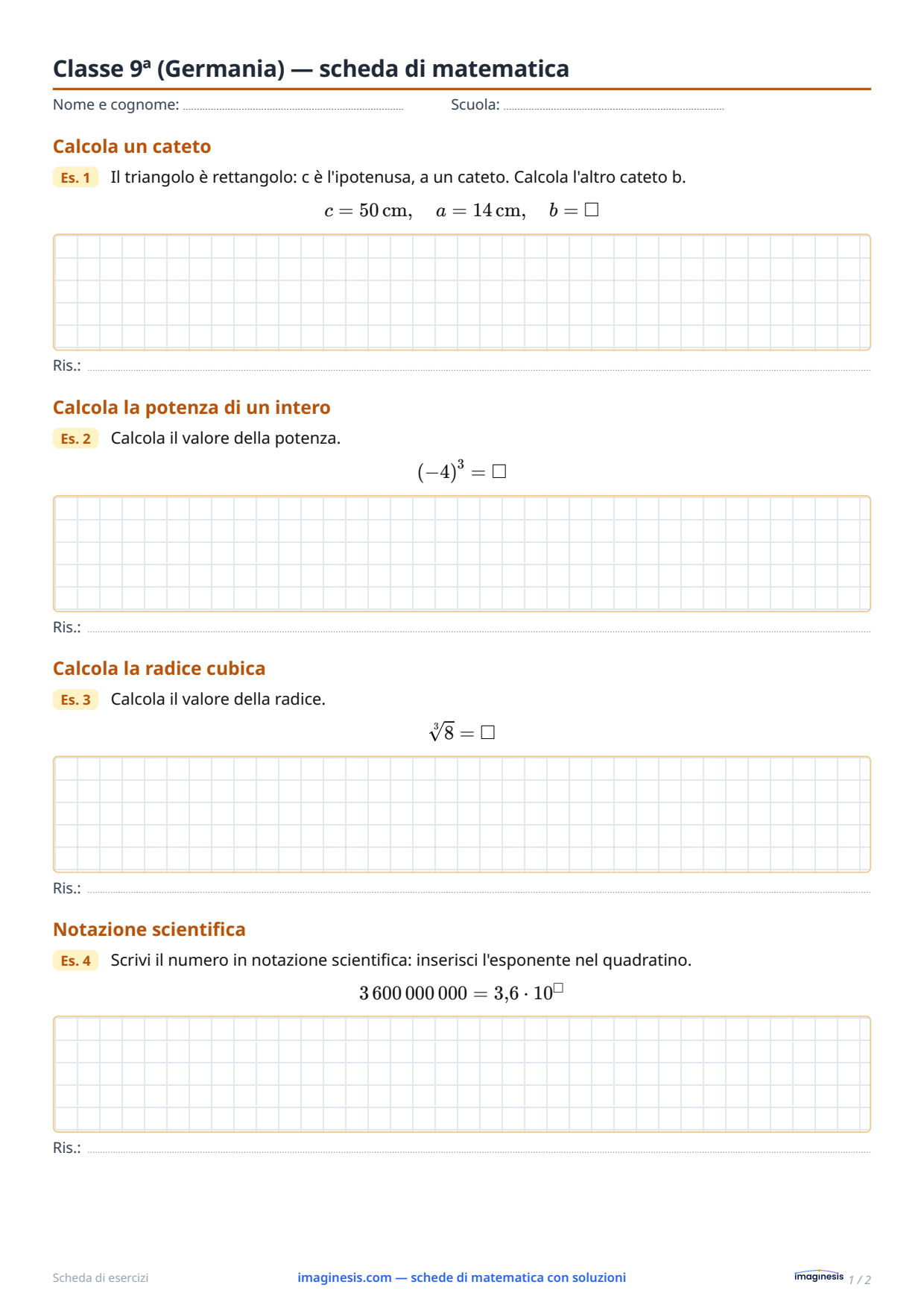 Classe 9ª (Germania) — scheda di matematica — Scheda dello studente: scheda di matematica da stampare (Classe 9ª, Germania)