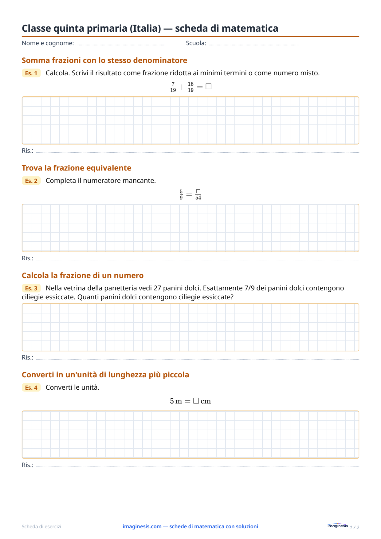 Classe quinta primaria (Italia) — scheda di matematica — Scheda dello studente: scheda di matematica da stampare (Classe quinta primaria, Italia)