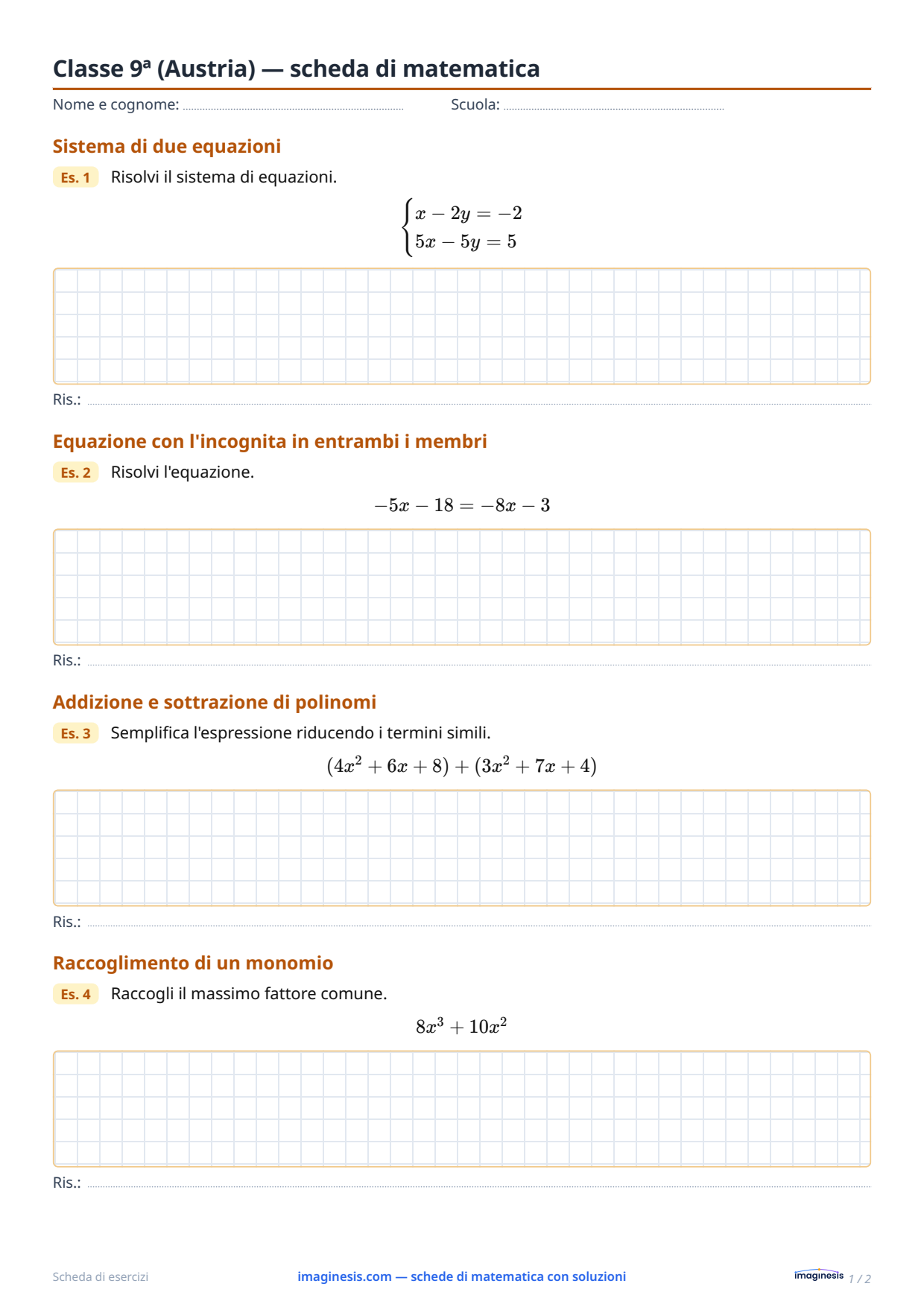Classe 9ª (Austria) — scheda di matematica — Scheda dello studente: scheda di matematica da stampare (Classe 9ª, Austria)