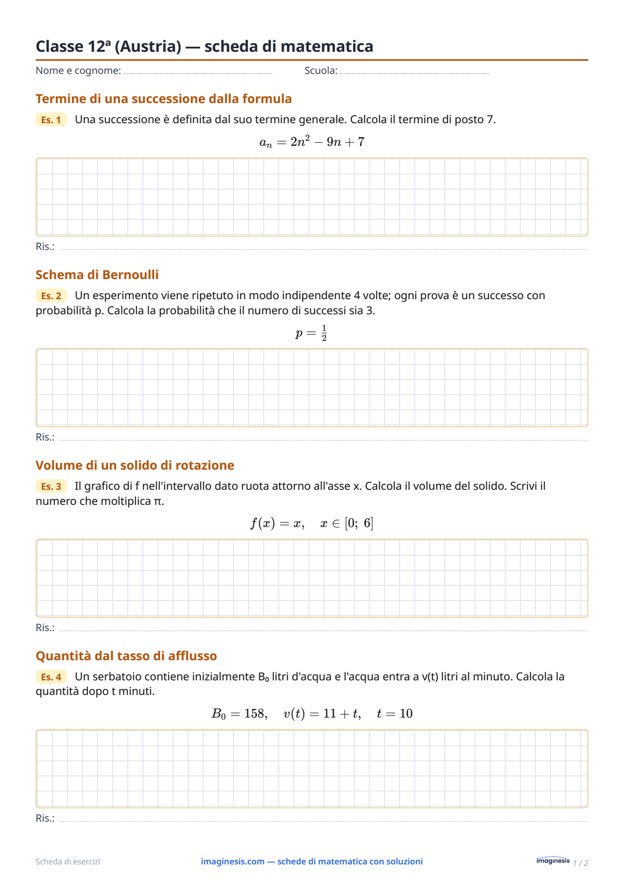 Classe 12ª (Austria) — scheda di matematica — Scheda dello studente: scheda di matematica da stampare (Classe 12ª, Austria)