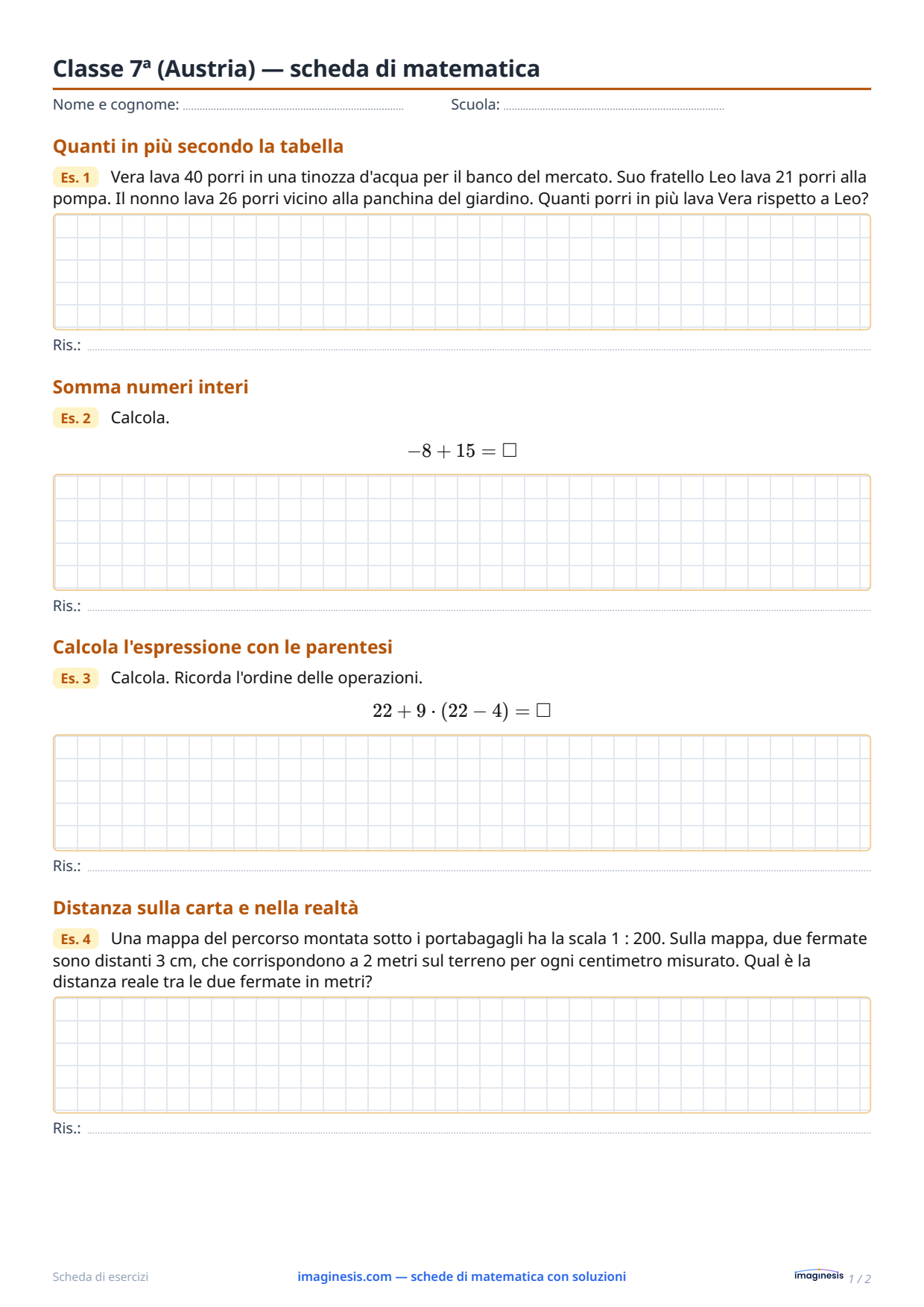 Classe 7ª (Austria) — scheda di matematica — Scheda dello studente: scheda di matematica da stampare (Classe 7ª, Austria)