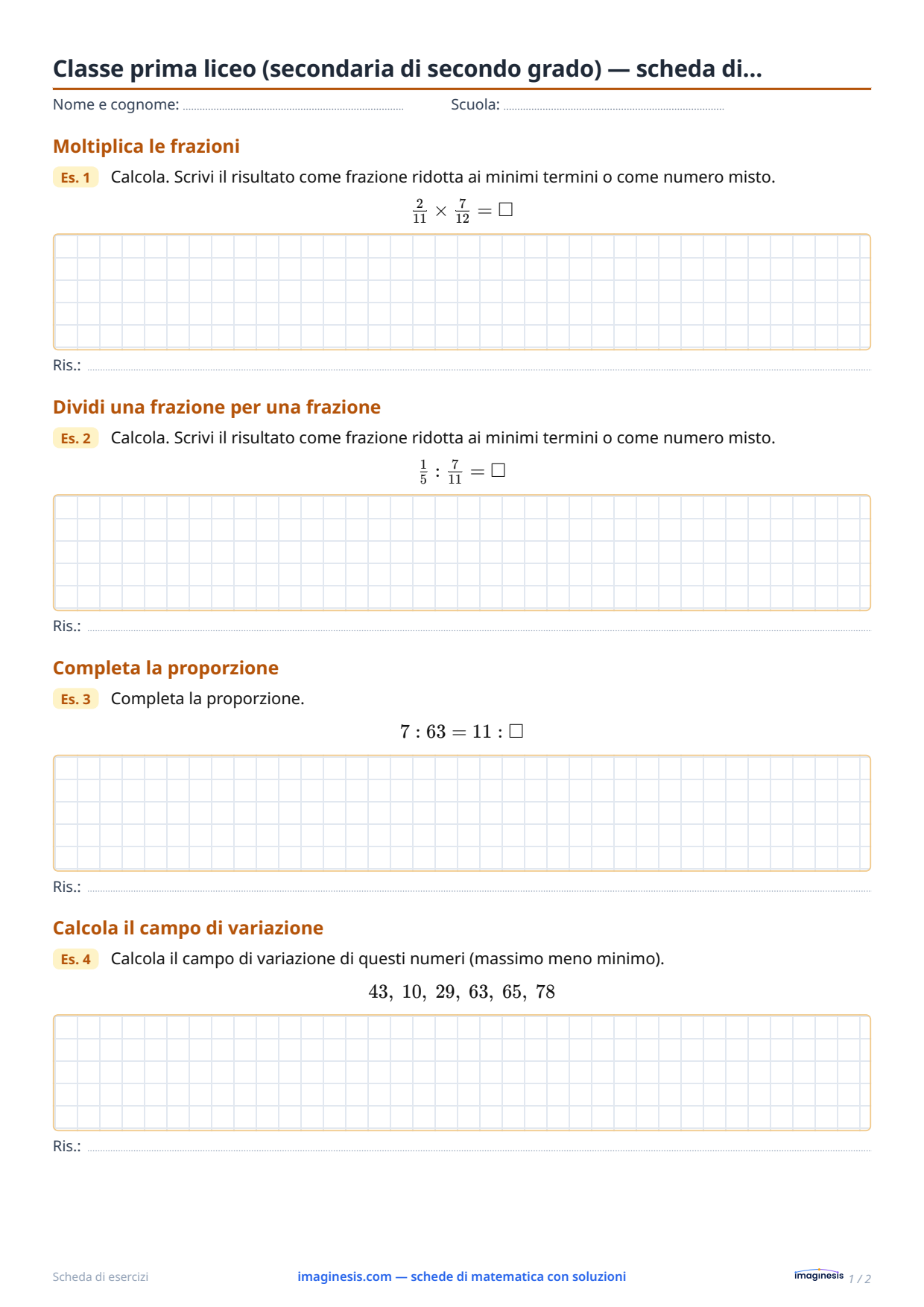 Classe prima liceo (secondaria di secondo grado) — scheda di… — Scheda dello studente: scheda di matematica da stampare (Classe prima liceo (secondaria di secondo grado), Italia)