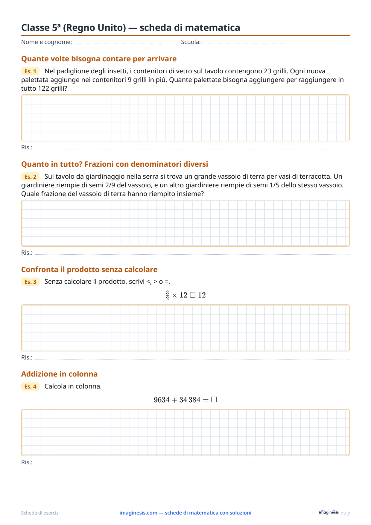 Classe 5ª (Regno Unito) — scheda di matematica — Scheda dello studente: scheda di matematica da stampare (Classe 5ª, Regno Unito)