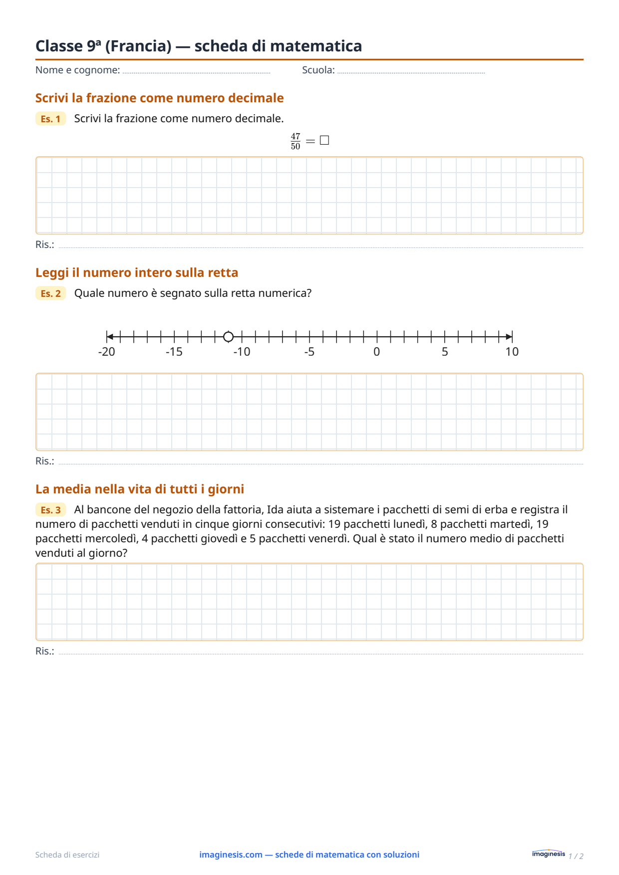 Classe 9ª (Francia) — scheda di matematica — Scheda dello studente: scheda di matematica da stampare (Classe 9ª, Francia)