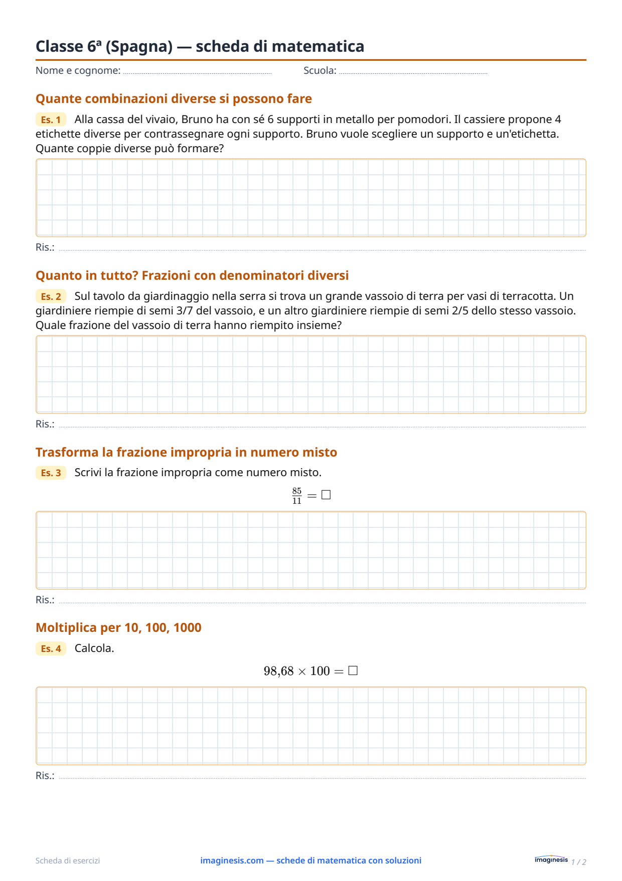 Classe 6ª (Spagna) — scheda di matematica — Scheda dello studente: scheda di matematica da stampare (Classe 6ª, Spagna)