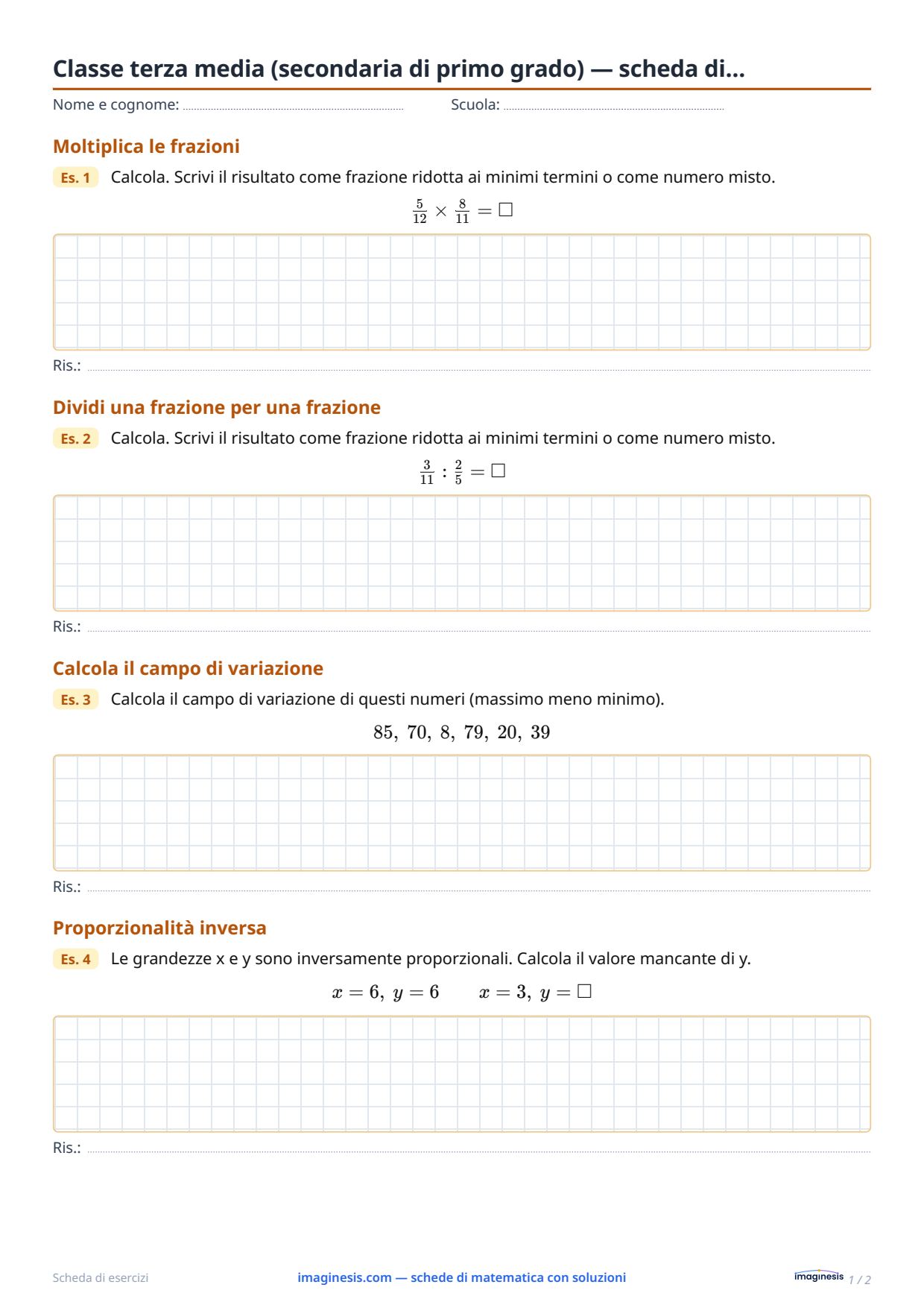Classe terza media (secondaria di primo grado) — scheda di… — Scheda dello studente: scheda di matematica da stampare (Classe terza media (secondaria di primo grado), Italia)