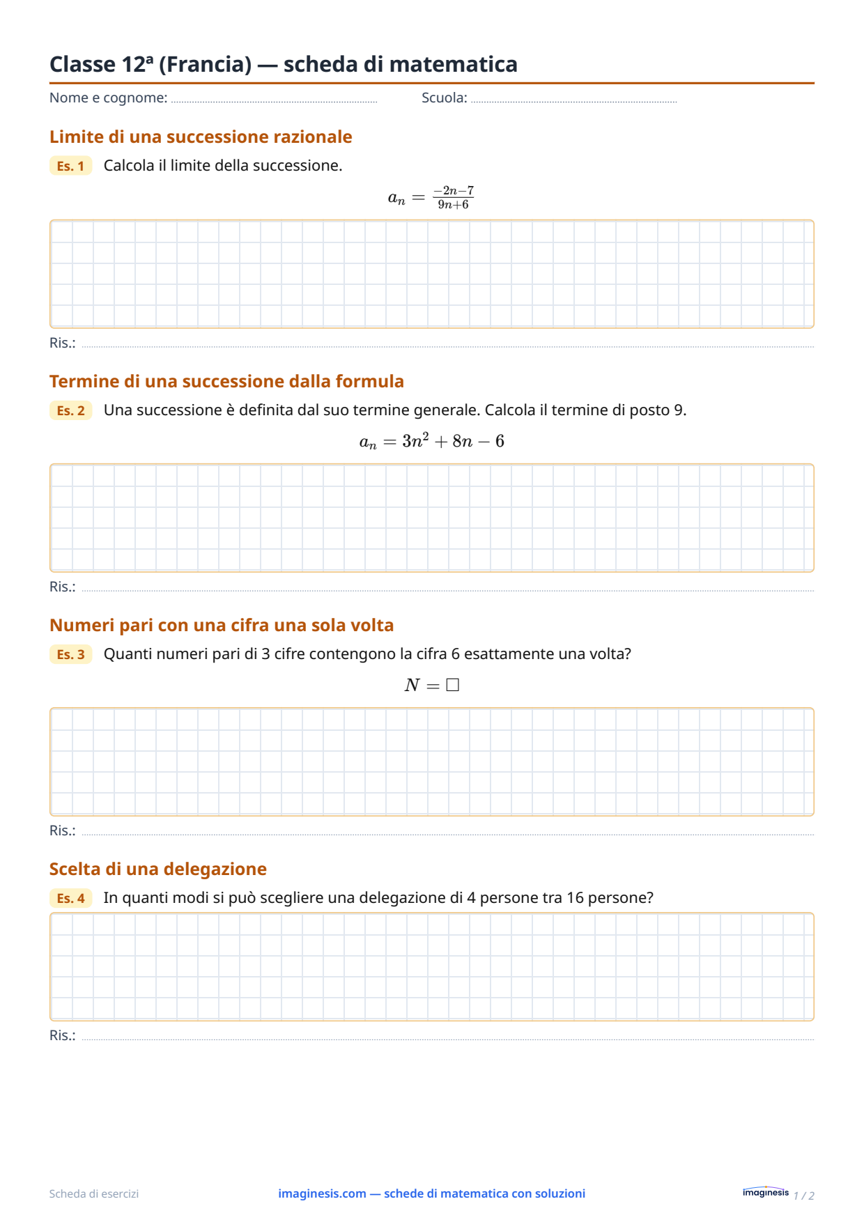 Classe 12ª (Francia) — scheda di matematica — Scheda dello studente: scheda di matematica da stampare (Classe 12ª, Francia)